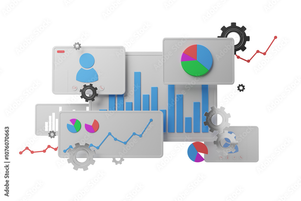 Poster abstract data visualization with charts, graphs, and gears in a 3d style on a white background. conc