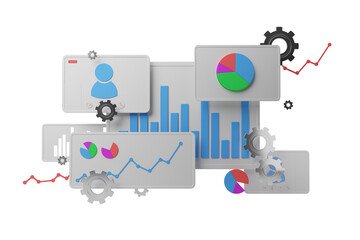 Abstract data visualization with charts, graphs, and gears in a 3D style on a white background. Concept of analytics and technology. 3D Rendering