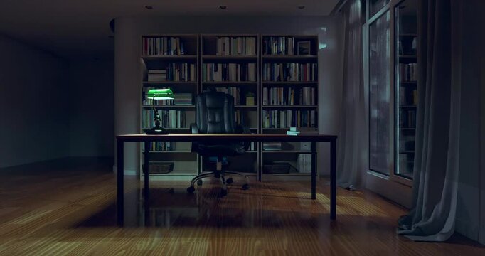 3d render of study room, home, office or library background with book shelf at night