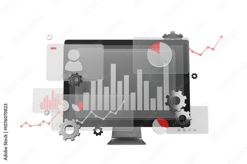 Poster computer screen with data charts, graphs, and digital gears on a white background, symbolizing techn
