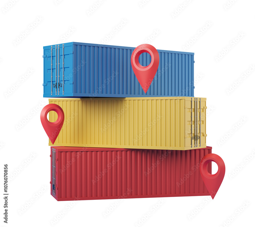 Poster three stacked shipping containers in red, yellow, and blue with location pins on a white background.