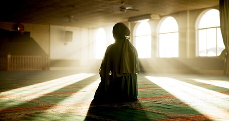 Islamic woman, back or praying to worship in Mosque for Palestine, support or gratitude to Allah....