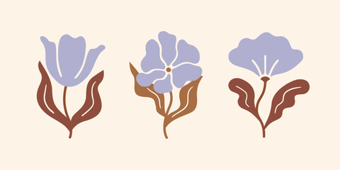 Minimalist floral vector set in pastel tones – abstract botanical illustration with lavender and brown color scheme.