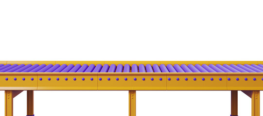 Yellow and purple conveyor belt isolated on a white background, showcasing industrial design. Concept of manufacturing. 3D Rendering