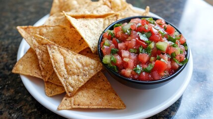 Freshly Made Tortilla Chips Served with Colorful Pico de Gallo Salsa in a Black Bowl on a White Plate Against a Dark Table Background