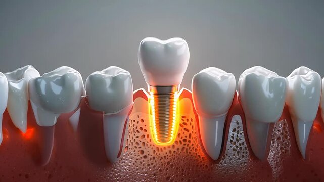 Dental anatomy: detailed demonstration of dental implant model within oral cavity, highlighting integration of implant, its role in supporting oral health, intricacies of dental procedure.