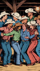 A lively group of people wearing cowboy hats and Western attire are dancing energetically. The scene is filled with joy and movement, capturing a festive atmosphere.