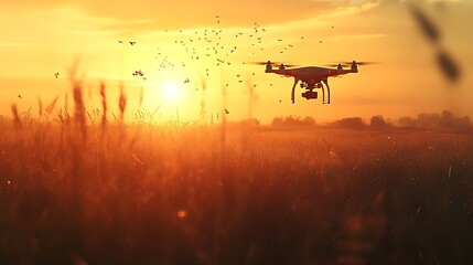 A close-up of a drone flying above a farmland, capturing soil quality data, operated by a surveyor standing among tall crops, the sun setting on the horizon, warm golden light,