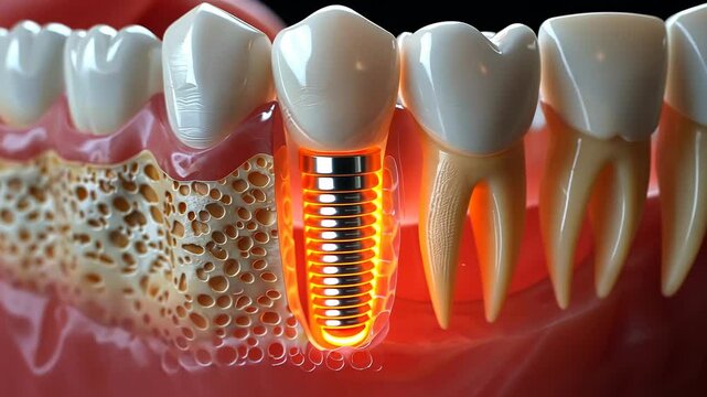 Dental anatomy: detailed demonstration of dental implant model within oral cavity, highlighting integration of implant, its role in supporting oral health, intricacies of dental procedure.