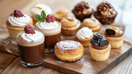 Delicious Assortment of Sweet Treats Featuring Cupcakes, Pastries, and Coffee with Whipped Cream and Raspberries on a Wooden Board