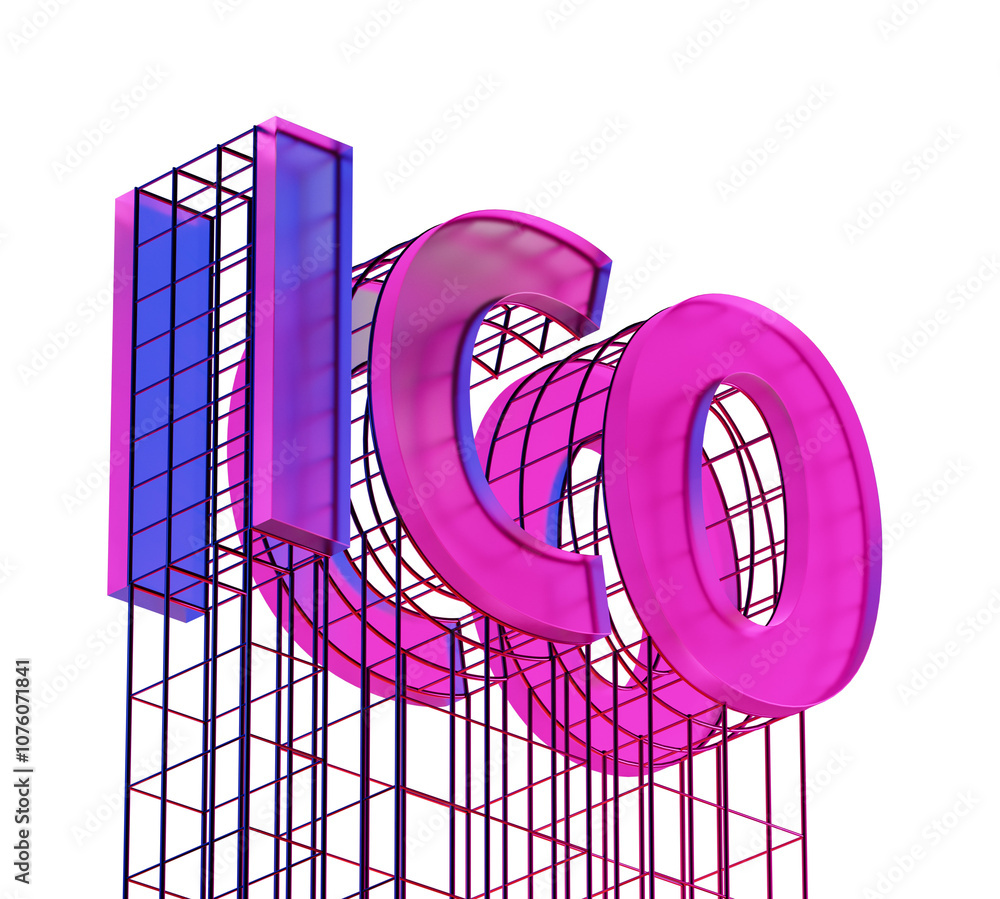 Poster 3d wireframe letters ico in pink and blue isolated on a white background. concept of digital currenc