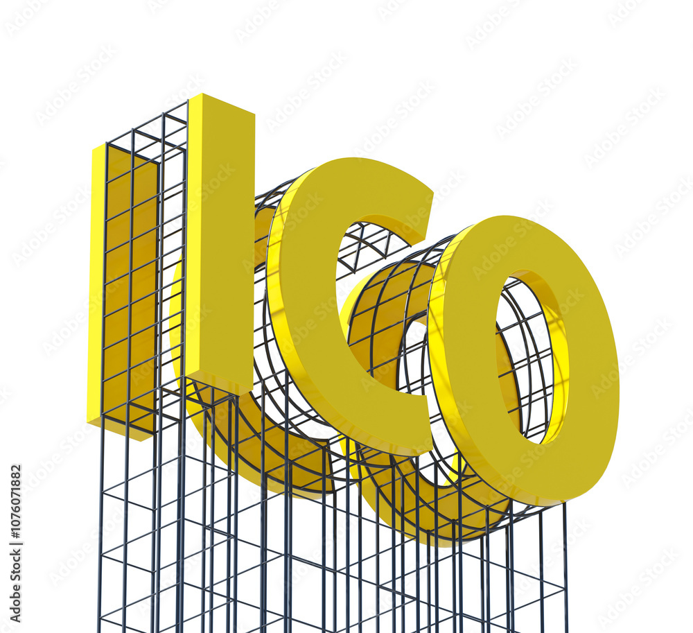 Aufkleber yellow 3d ico letters with grid structure, isolated on a white background. concept of digital curren