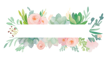 Watercolor frame with pink roses and mint succulents on white background, perfect for wedding invitation, romantic greeting cards and spring celebration design