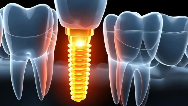 Implant model: demonstration of a dental implant model placed in oral cavity, showcasing structure, placement, function, emphasizing importance of precision, care in dental restoration.