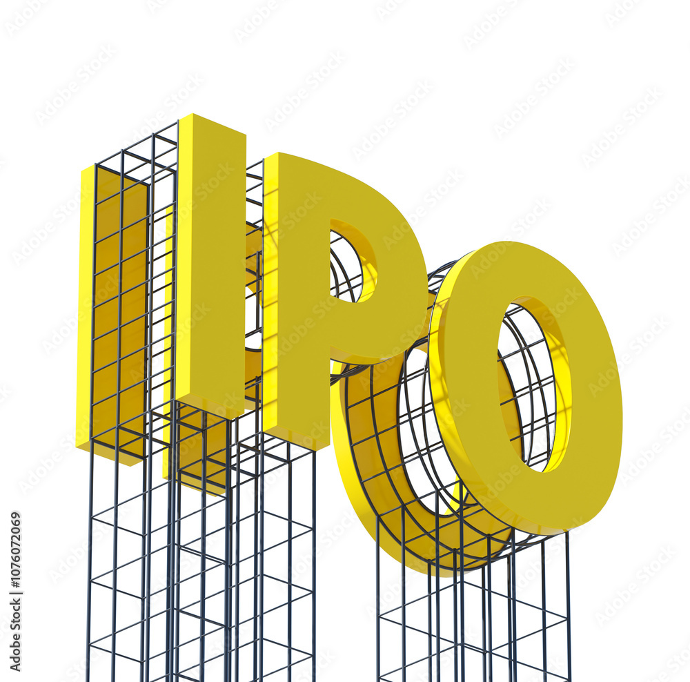 Poster yellow ipo letters with metal framework on a white background. isolated design concept of financial 