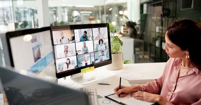 Video call, computer and business woman with writing, notes and creative training on screen in startup. Webinar, online conference and copywriter with notebook, group and virtual chat or news meeting