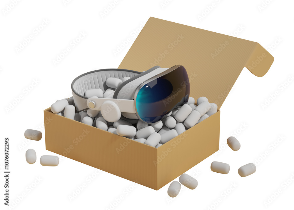 Poster vr headset nestled in an open box with packing peanuts, isolated on a white background. concept of t
