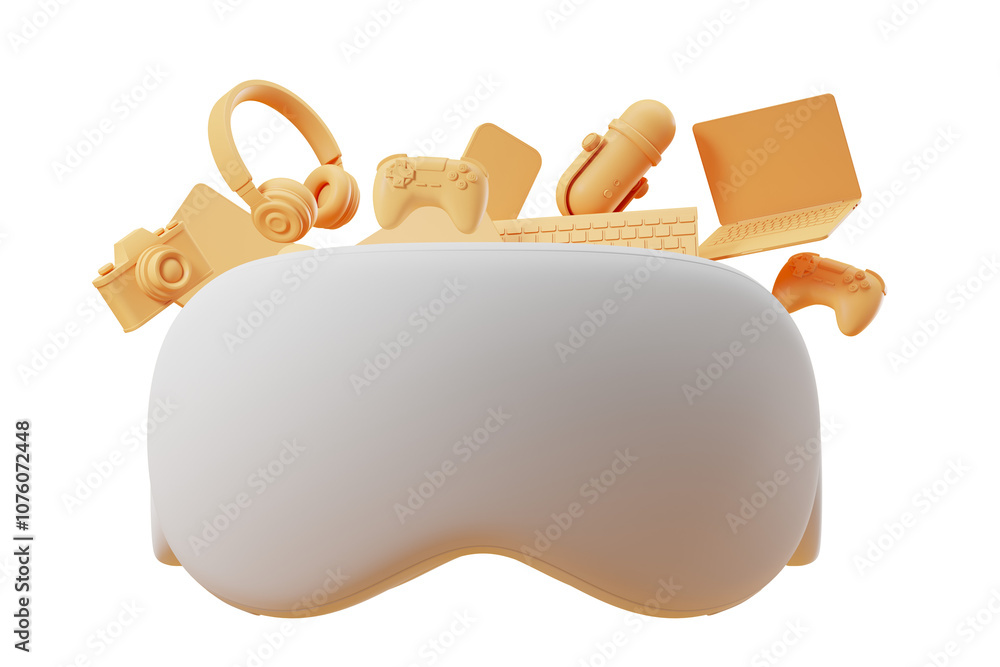 Poster vr headset surrounded by tech and gaming items, isolated on a white background. concept of virtual r