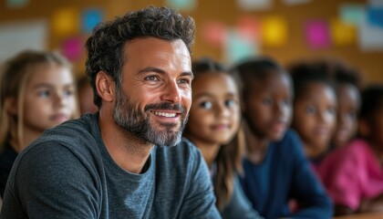 Fototapeta premium E-learning, Classroom, Online Education, Diverse Group of Children in Classroom with Teacher