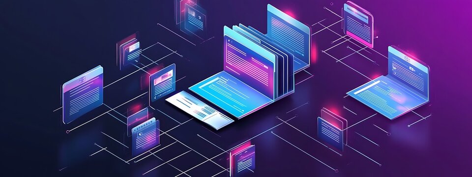  Abstract network grid with files and folders, futuristic software interface, digital document management system, store, search and organize documents, corporate business, paperless office 