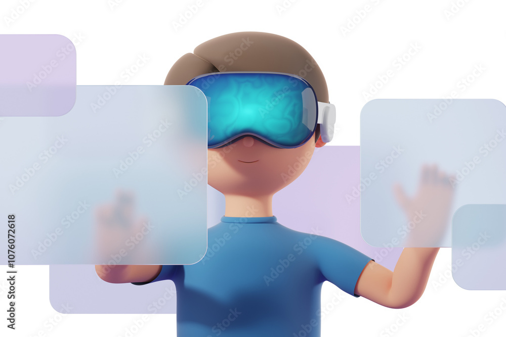 Poster cartoon character wearing vr goggles interacts with virtual interface on a white background, concept