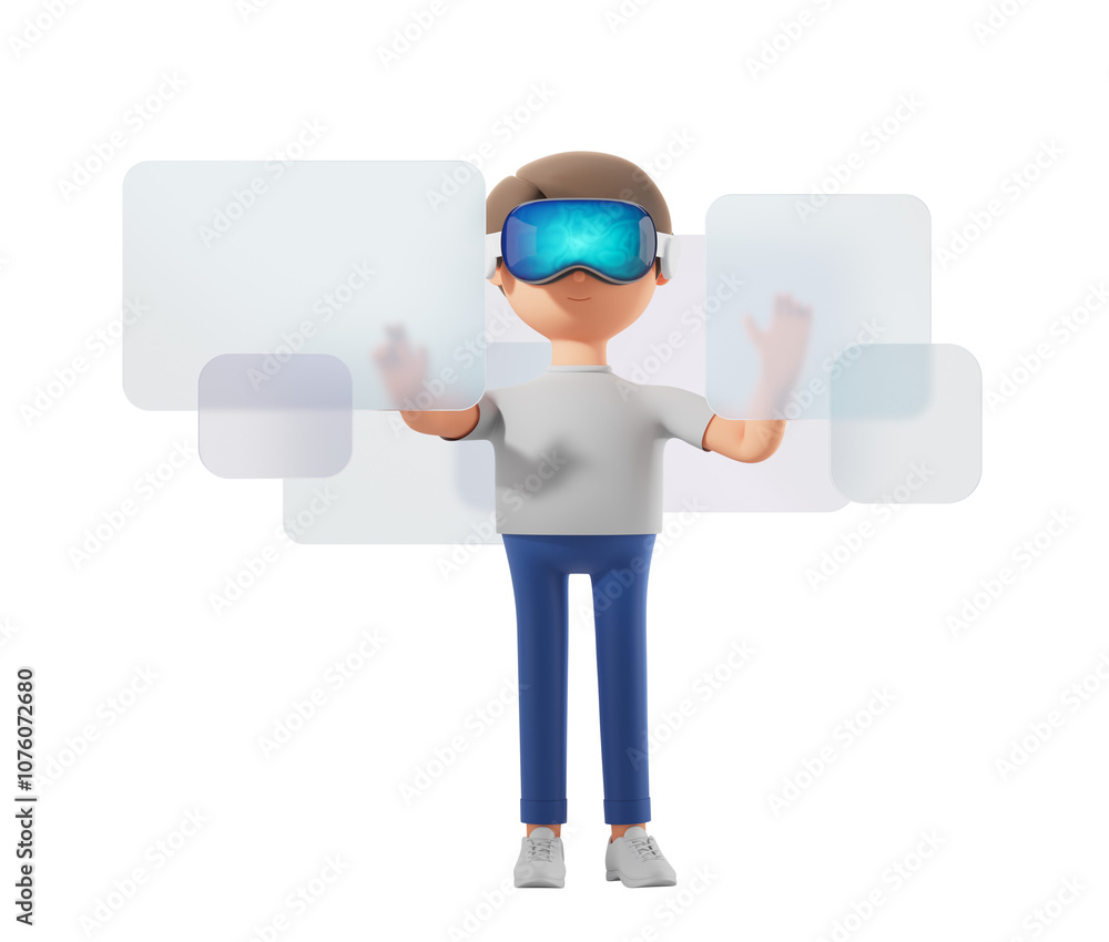 Poster cartoon character in vr headset interacts with virtual interface, white background, concept of augme