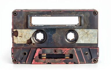 Old damaged audio cassette isolated on white background. Retro music poster, vintage culture, nineties nostalgia, throwback, old school, memories, youth. 90s analogue technologies, non digital