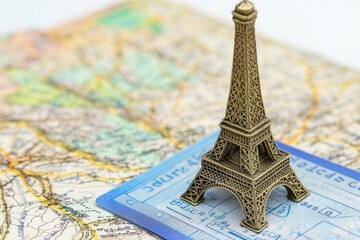 Miniature Eiffel Tower on Travel Map with Boarding Pass