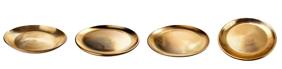Set of elegant gold plate dishes, perfect for upscale dining and culinary presentations showcasing fine cuisine.