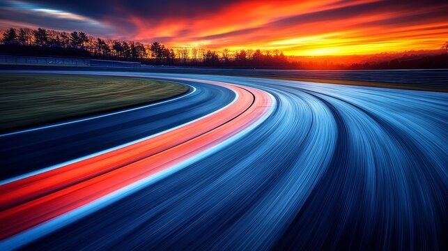 Sunset racing track photograph with dramatic light trails, combining natural twilight colors with artificial lighting motion effects.