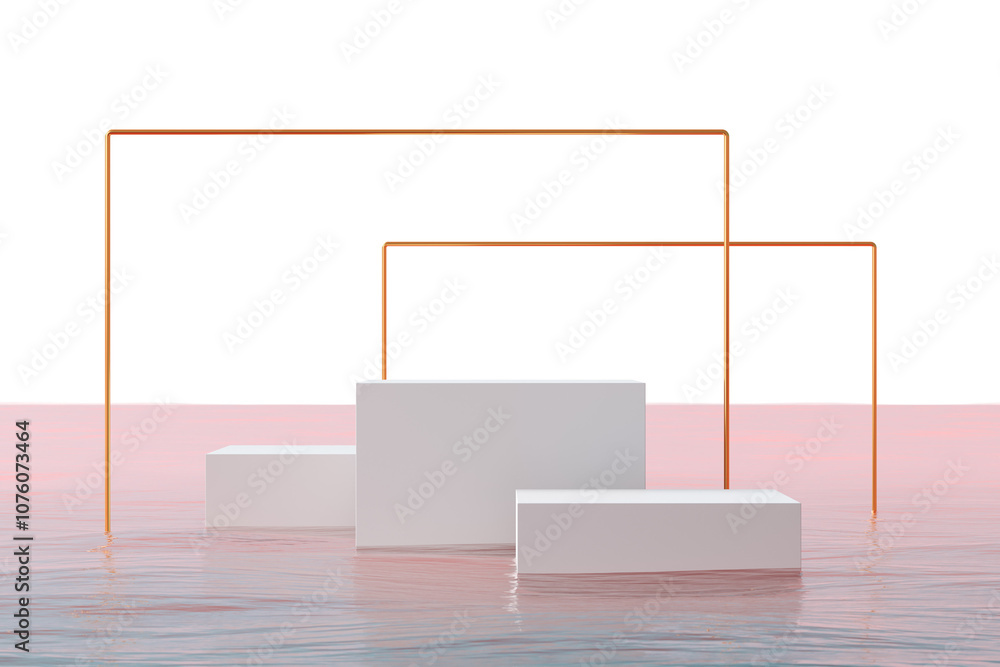 Poster abstract scene with white cubes and orange lines on water. minimalistic style on a white background.