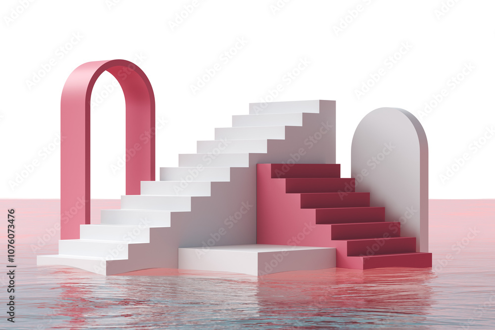 Poster abstract pink and white stair structures over a reflective water surface. minimalistic design on a w