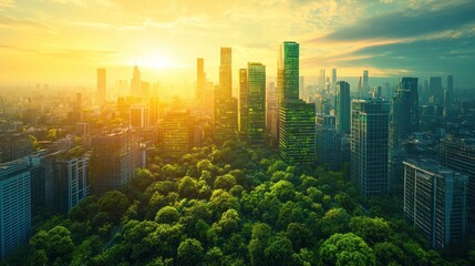 Cityscape with Green Trees and Sunset