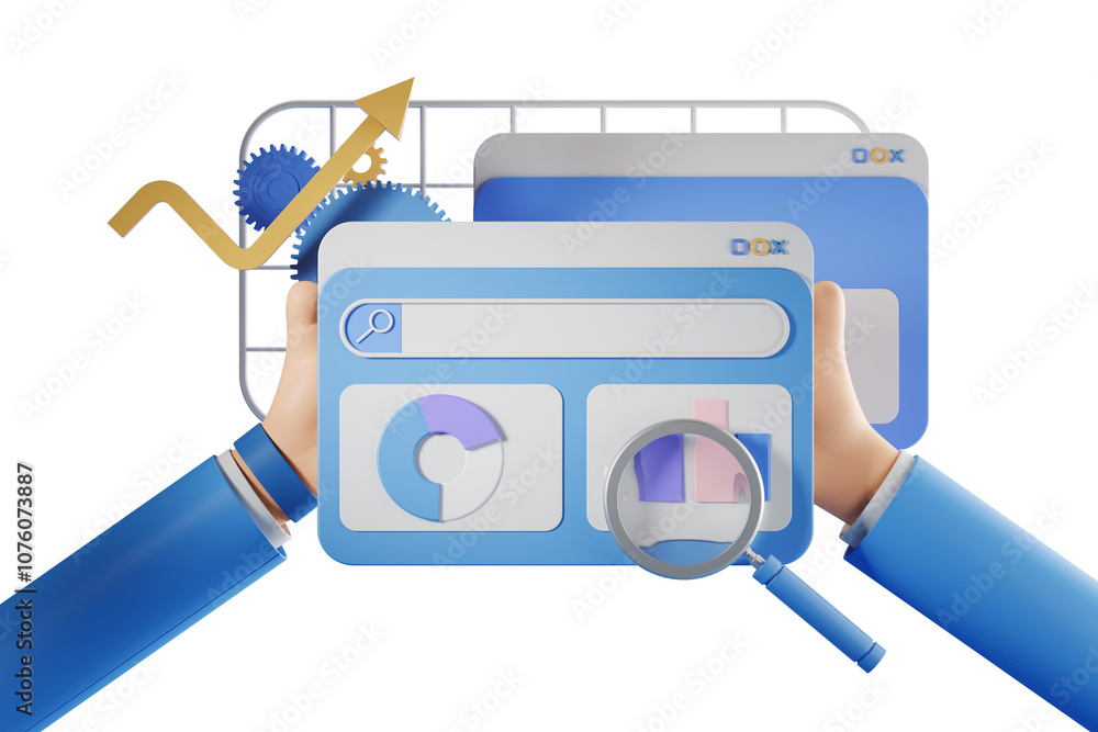 Poster 3d business analytics concept featuring charts, graphs, and magnifying glass on a white background. 