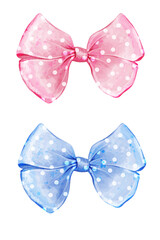 Pink and blue polka dot ribbon tied in bow. Vector watercolor illustration set
