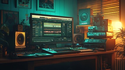 Fototapeta premium A digital music studio setup with mixing software on a large monitor next to a vintage vinyl record player, glowing LED lights contrasting with retro wood finishes, soft shadows. --ar 16:9