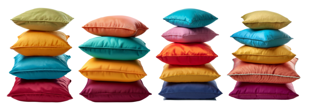A vibrant collection of stacked decorative pillows in various colors, perfect for home decor inspiration.