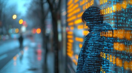 A figure amidst binary code represents navigating the digital world, data analysis, and technological innovation in business.