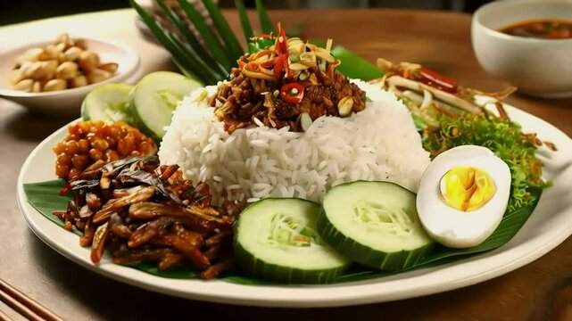A Plate of Delicious Nasi Lemak with Chicken, Cucumber, Fried Anchovies, and a Hard Boiled Egg, Served on a Banana Leaf