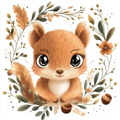 Cute cartoon squirrel surrounded by autumn leaves and flowers.