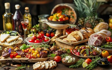 Elevated sophisticated catering poster. Lavish table is covered with variety of premium food, including gourmet meat, vegetables, fruit, bespoke appetizers on blurred background, defocused.