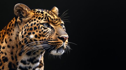A close-up of a leopard's face highlighting its distinctive features and fur patterns.