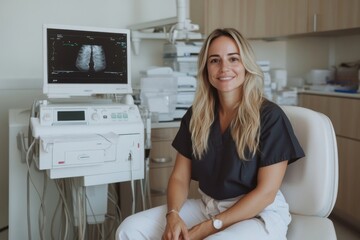 Female doctor smiling in front of x-ray machine in hospital - Powered by Adobe