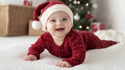 A baby wearing a red snowsuit and a santa hat is laying on a white blanket