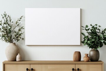 Horizontal blank canvas mockup hanging on white wall with plants and vases on wooden cabinet
