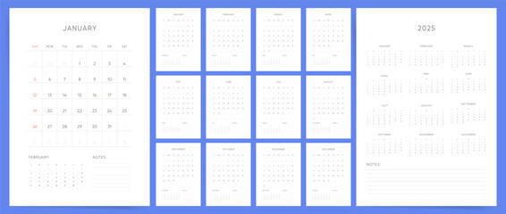 Calendar template for 2025 year. Week starts on Sunday. Wall 2025 calendar in clean minimal style. Corporate or business Calendar. English vector Calendar monthly pages layout.	