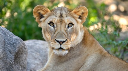Naklejka premium A close-up of a lioness resting, showcasing its expressive eyes and serene demeanor.