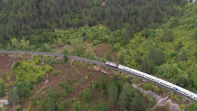 Aerial: talgo train in Ovčari, along the Sarajevo Mostar Railway