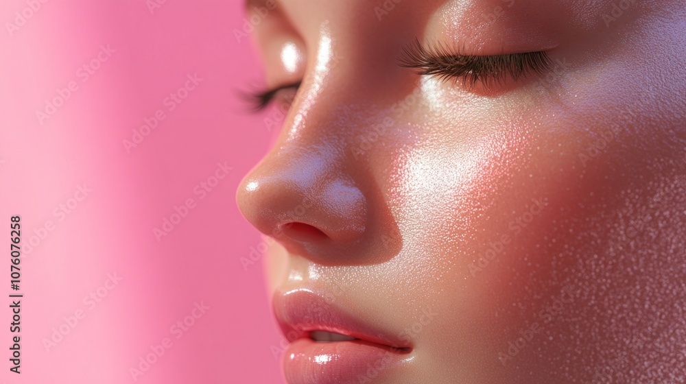 Poster A woman with a pink background and a pink nose