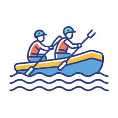 Two people rafting in inflatable boat, Vector illustration of two people paddling in an inflatable raft on wavy water, symbolizing outdoor adventure, rafting, and water sports.
